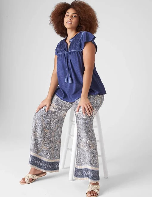 Knit Tops^Lane Bryant Swing Ruffle-Neck Smocked-Yoke Tee Maritime Blue