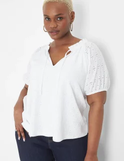 Knit Tops^Lane Bryant Swing Tie-Neck Eyelet Top White