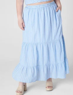 Skirts^Lane Bryant Tiered Linen Maxi Skirt Blue Skinny Stripe