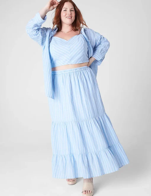 Skirts^Lane Bryant Tiered Linen Maxi Skirt Blue Skinny Stripe