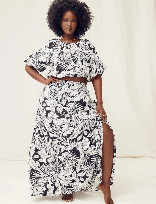 Date Night^Lane Bryant Tiered Maxi Skirt With Front Slit Maui Leaves