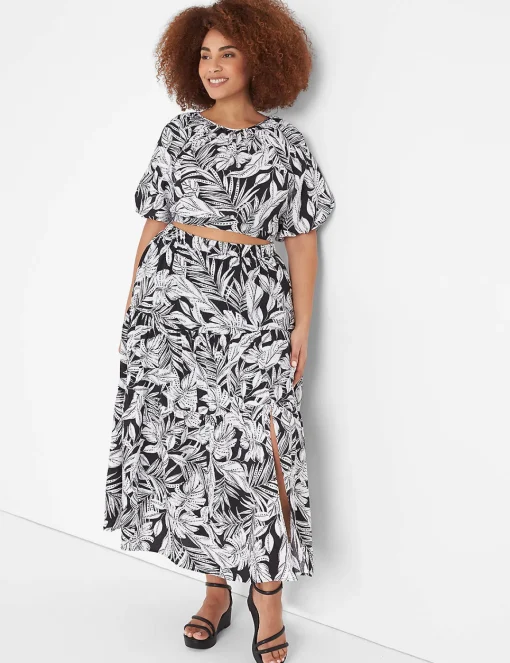 Date Night^Lane Bryant Tiered Maxi Skirt With Front Slit Maui Leaves