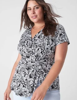 Shirts & Blouses^Lane Bryant V-Neck Side-Twist Top Black Maui Leaves