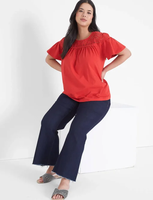 Knit Tops^Lane Bryant Woven Eyelet Yoke Knit Tee Red