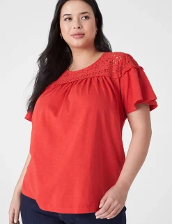 Shirts & Blouses^Lane Bryant Woven Eyelet Yoke Knit Tee Red