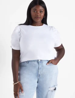 Knit Tops^Lane Bryant Woven Puff-Sleeve Crew-Neck Tee White