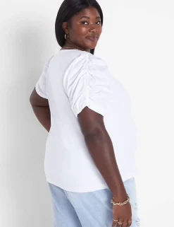 Knit Tops^Lane Bryant Woven Puff-Sleeve Crew-Neck Tee White